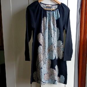 Elegant ARYEH Black and Blue Patterned Dress, Sz L.